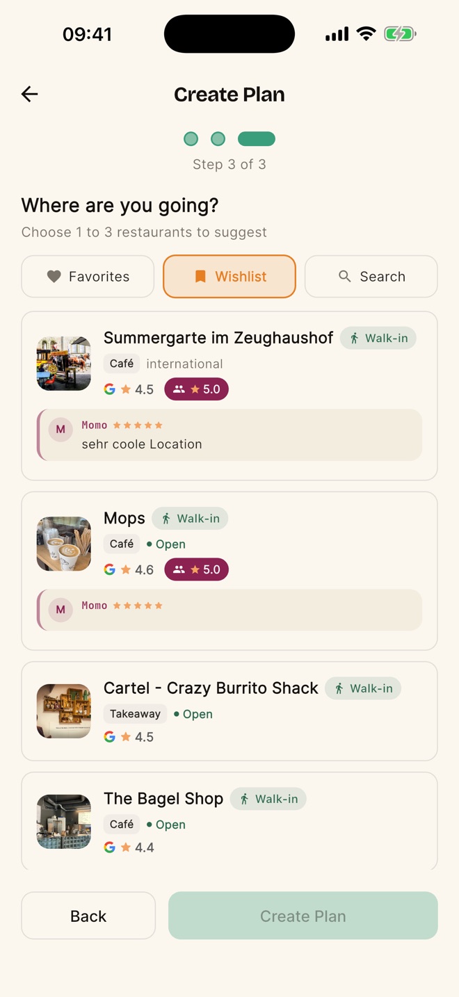 Dinner plan with suggestions